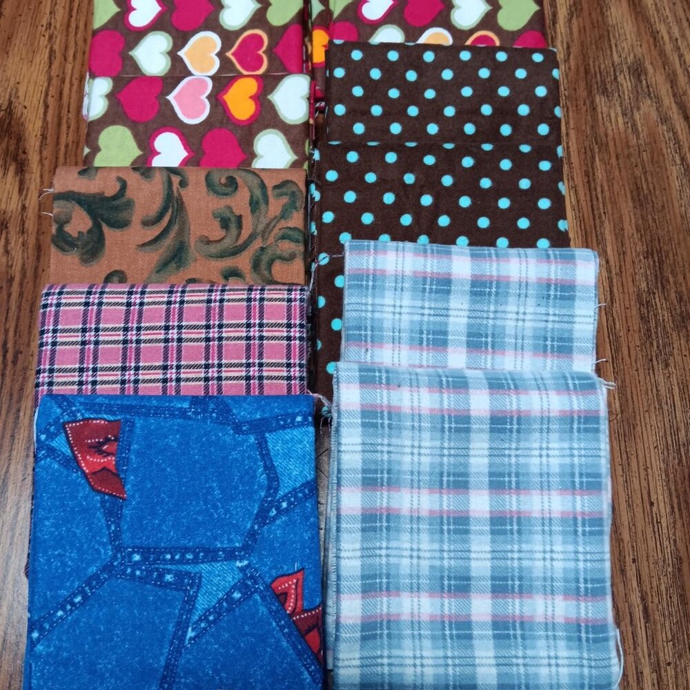 #517 12 Assorted Flannel Fat Quarters Dots, Plaids, Hearts Quilt Fabric